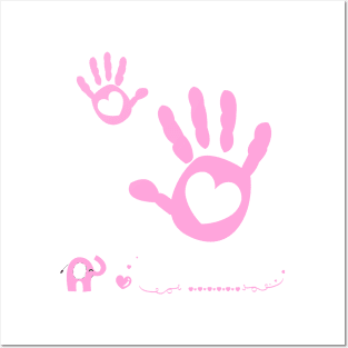 Baby girl hand prints arrival card with heart and elephant Posters and Art